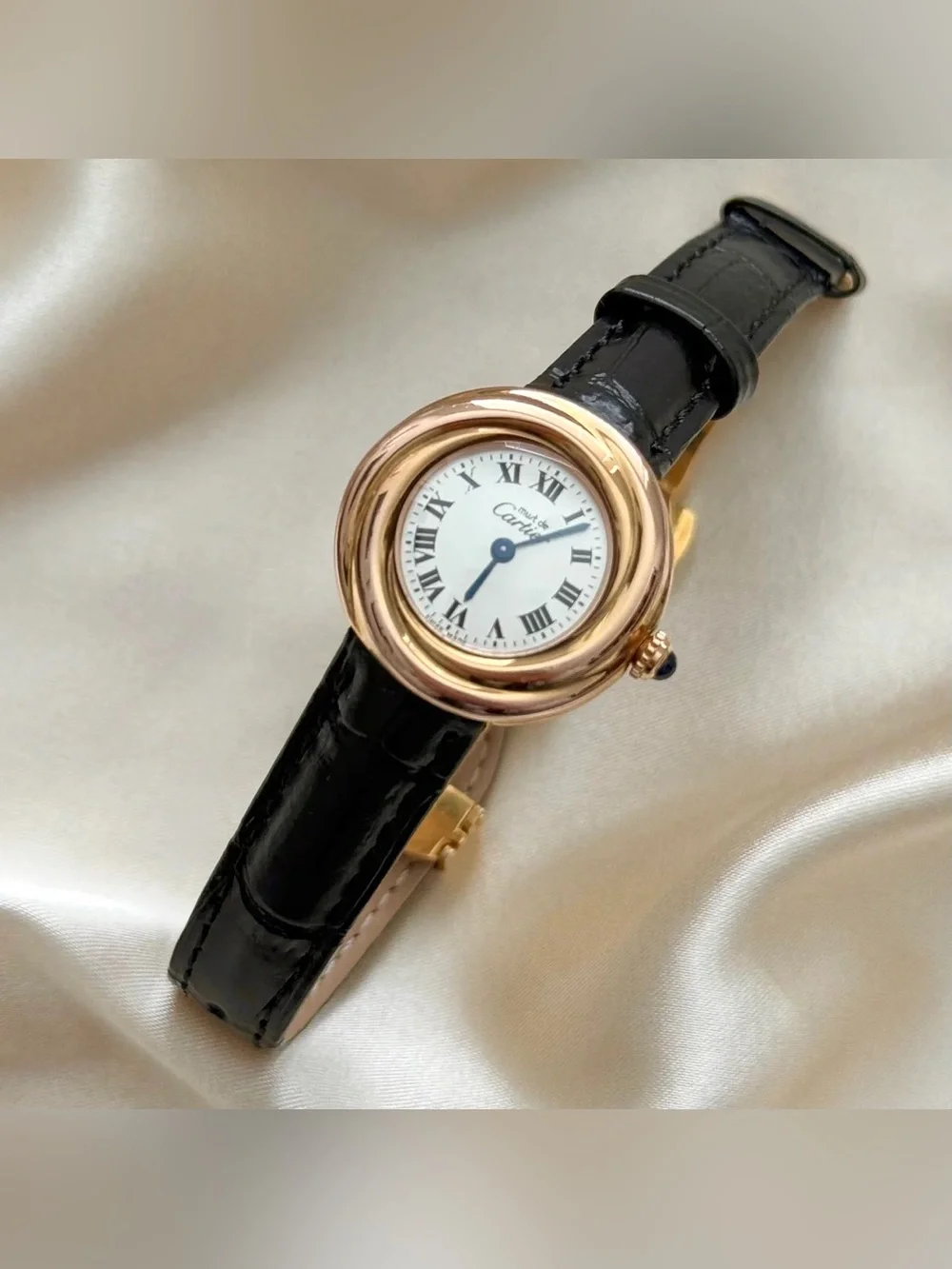 AUTHENTIC RARE VINTAGE CARTIER TRINITY BLACK LEATHER WATCH - WITH BOX - Picture 2 of 16